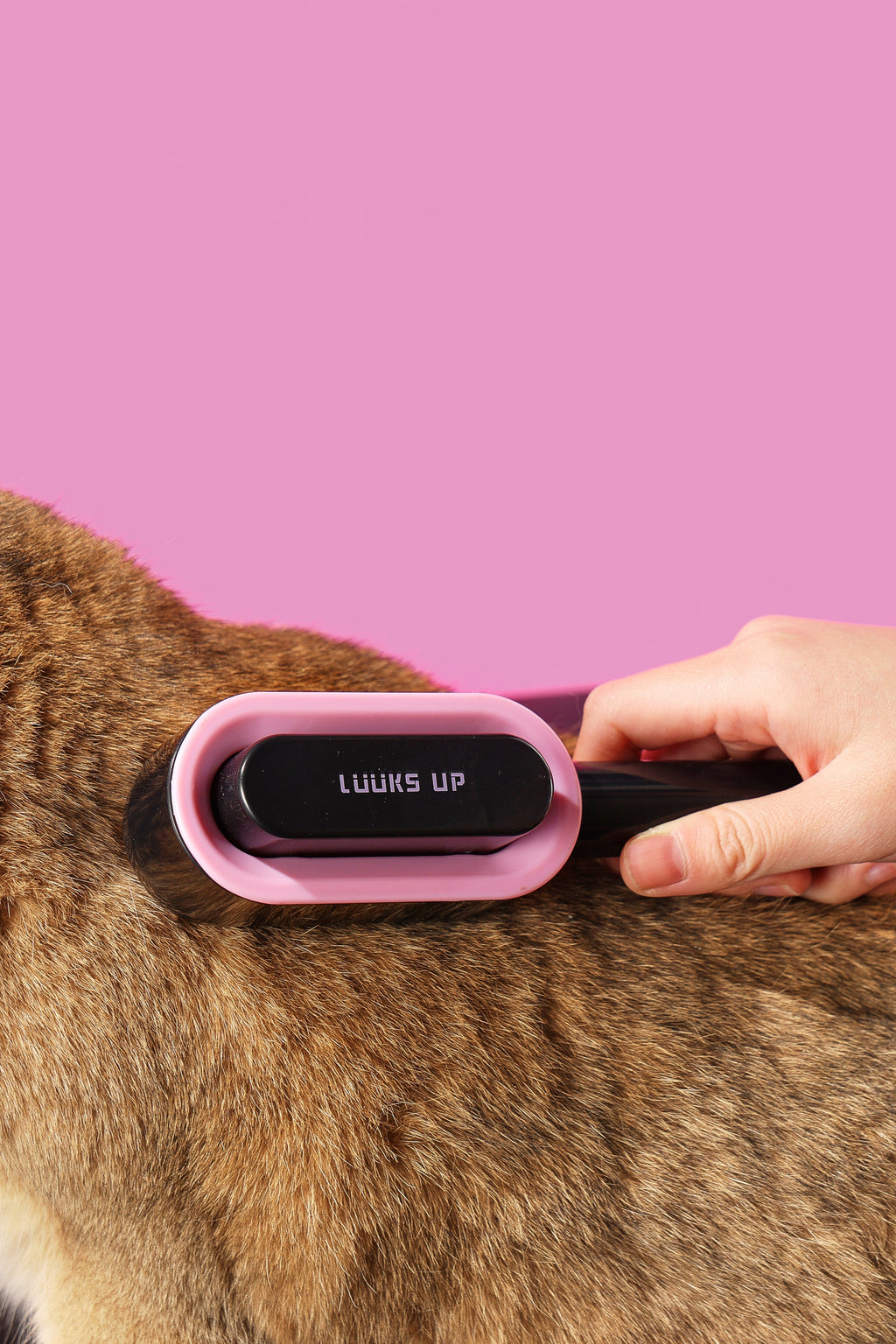 Self-cleaning pet brush with push button, side view