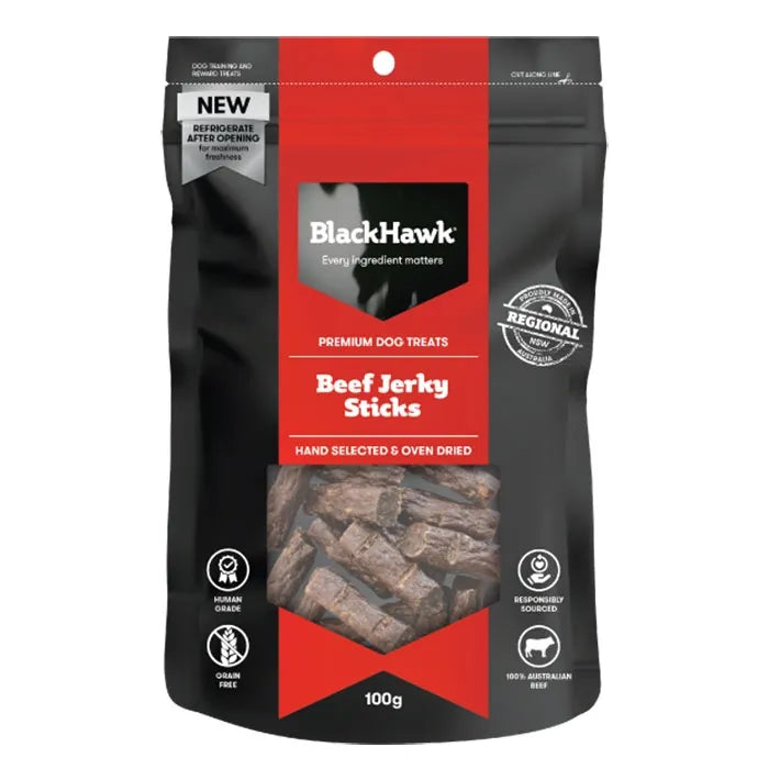 BLACK HAWK DOG TREATS BEEF JERKY STICKS 100G