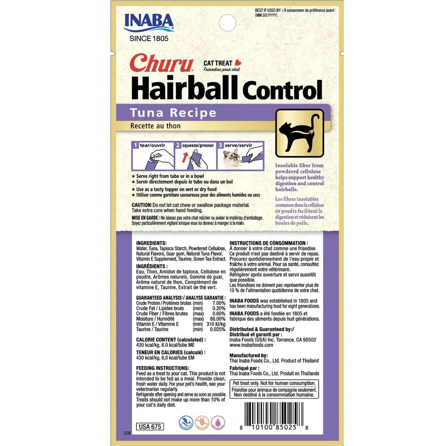 INABA CAT CHURU PUREE HAIRBALL CONTROL TUNA 56G 6PK