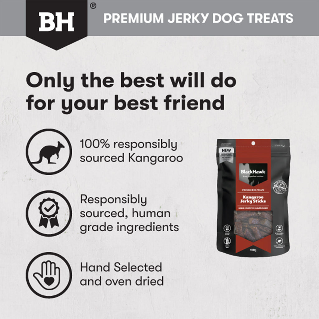 BLACK HAWK DOG TREATS KANGAROO JERKY STICKS 100G