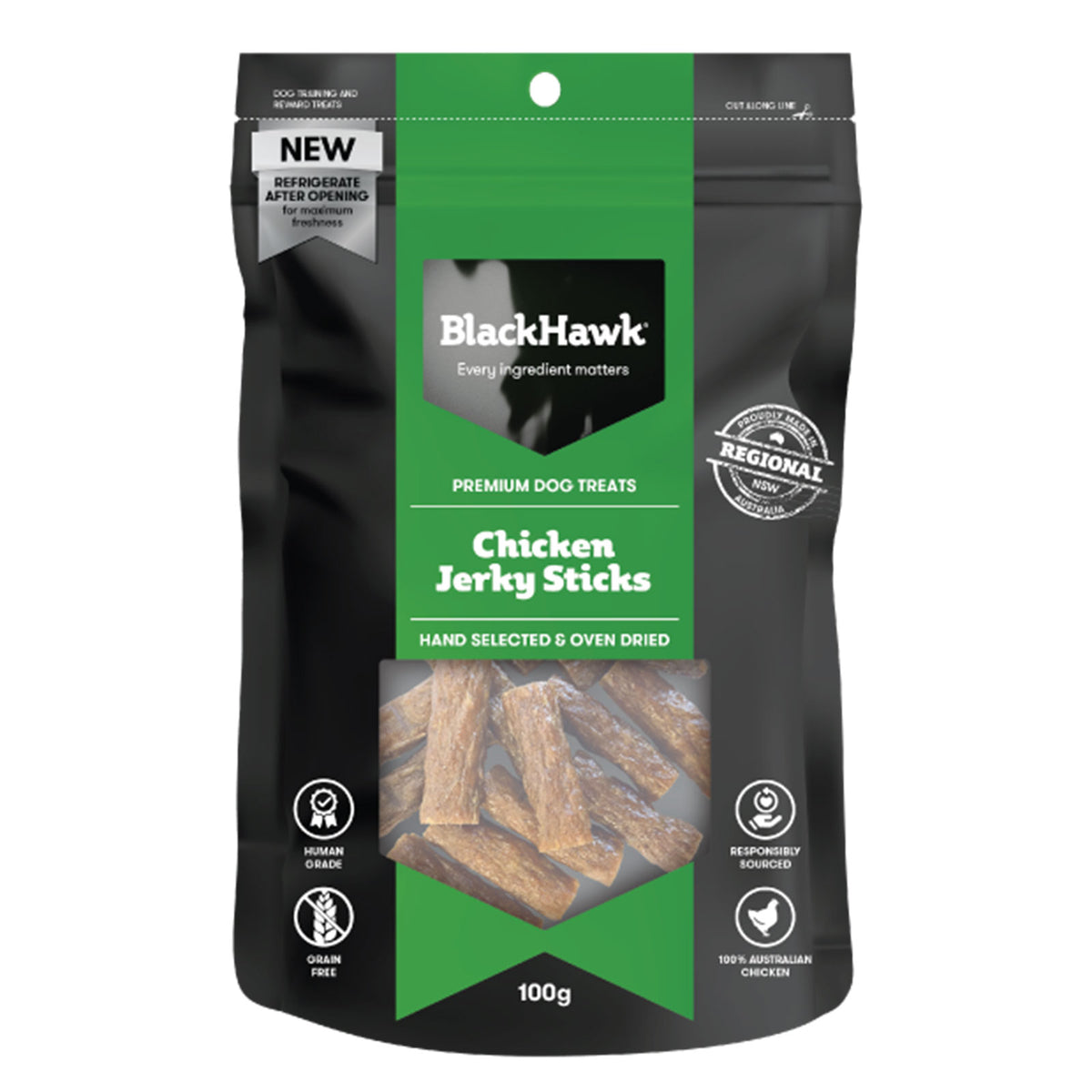 BLACK HAWK DOG TREATS CHICKEN JERKY STICKS 100G