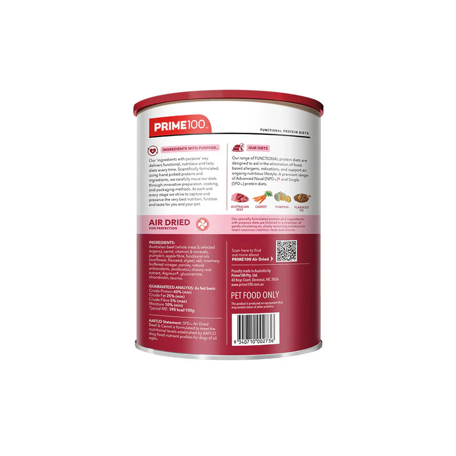 Prime100 SPD Air Dried Beef & Carrot Dry Dog Food 600g