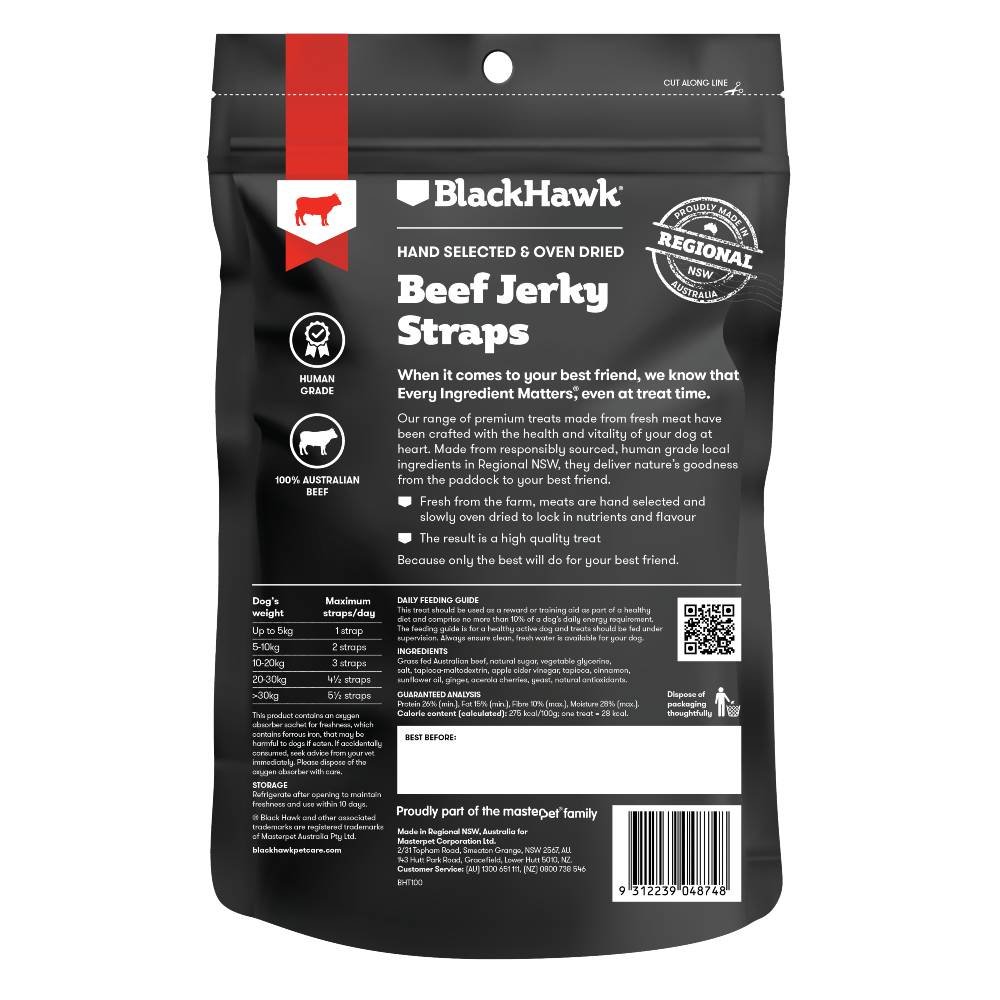 BLACK HAWK DOG TREATS BEEF JERKY STRAPS 100G
