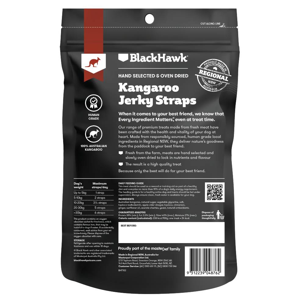BLACK HAWK DOG TREATS KANGAROO JERKY STRAPS 100G