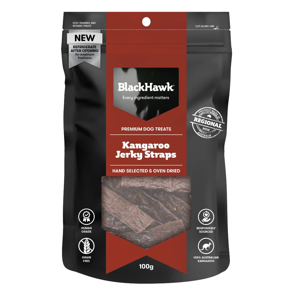 BLACK HAWK DOG TREATS KANGAROO JERKY STRAPS 100G