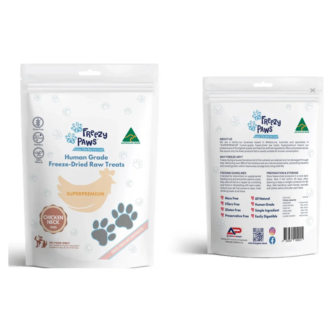 Freezy Paws Freeze Dried Dogs and Cats Treats Chicken Neck 100g