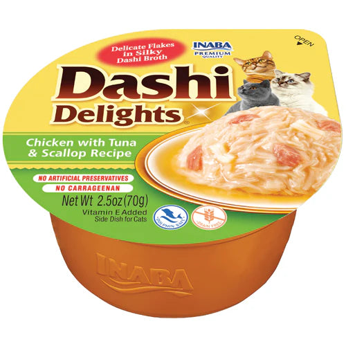 INABA DASHI DELIGHTS CUP CHKN TUNA & SCALLOP 70G 6PK
