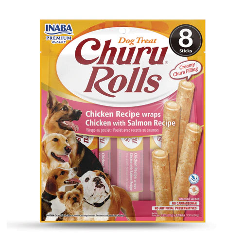 INABA DOG CHURU ROLLS CHICKEN WRAPS W SALMON 96G 6PK