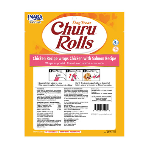 INABA DOG CHURU ROLLS CHICKEN WRAPS W SALMON 96G 6PK