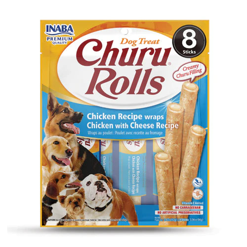 INABA DOG CHURU ROLLS CHICKEN WRAPS W CHEESE 96G 6PK