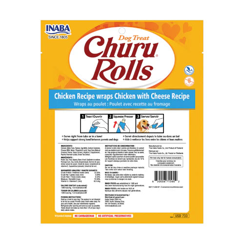 INABA DOG CHURU ROLLS CHICKEN WRAPS W CHEESE 96G 6PK