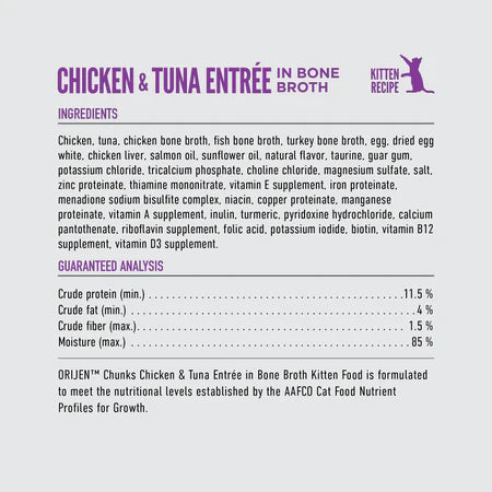 Orijen Chunks & Shreds Chicken & Tuna ENTREE For Kitten in Bone Broth Cat Wet Food Can 85g