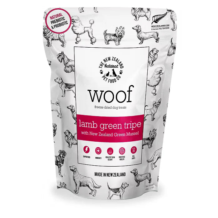 The New Zealand Natural Woof Freeze Dried Dog Treat Lamb Green Tripe 40g