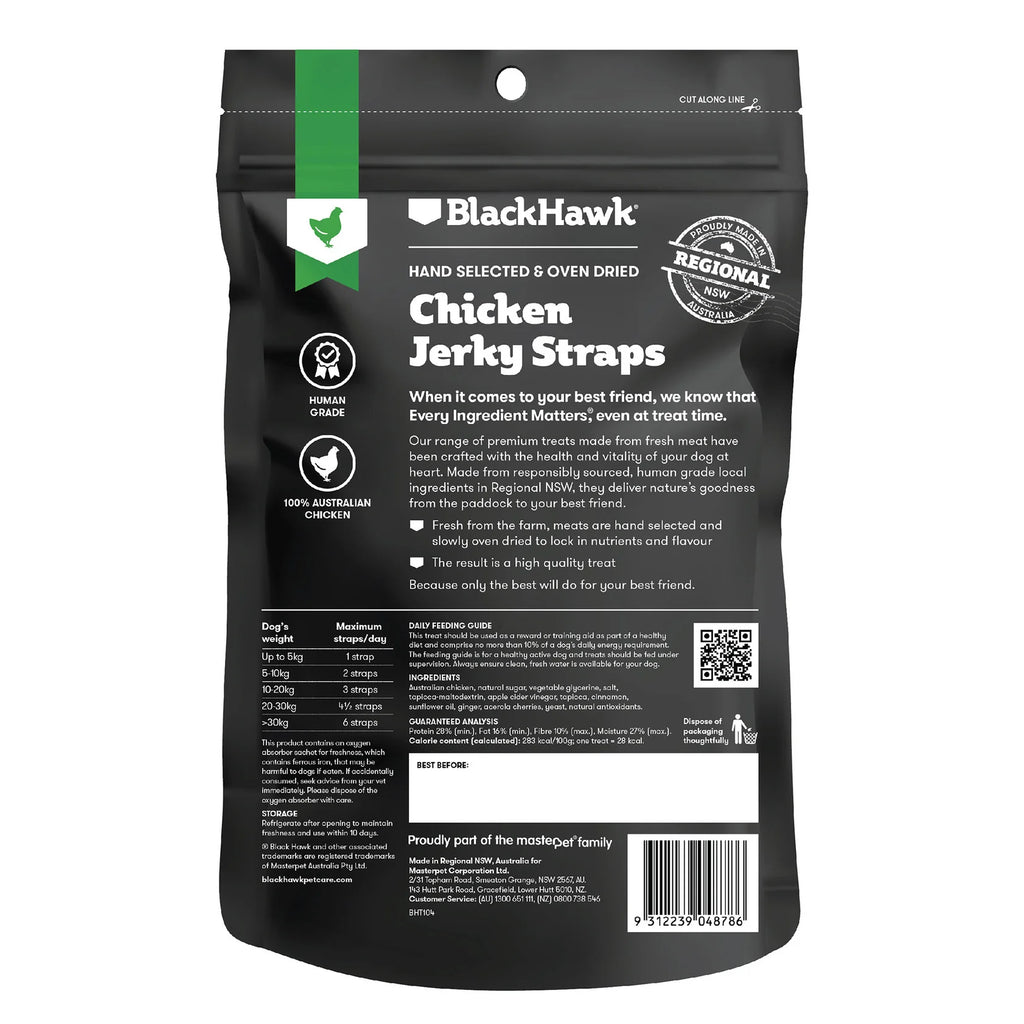 BLACK HAWK DOG TREATS CHICKEN JERKY STRAPS 100G