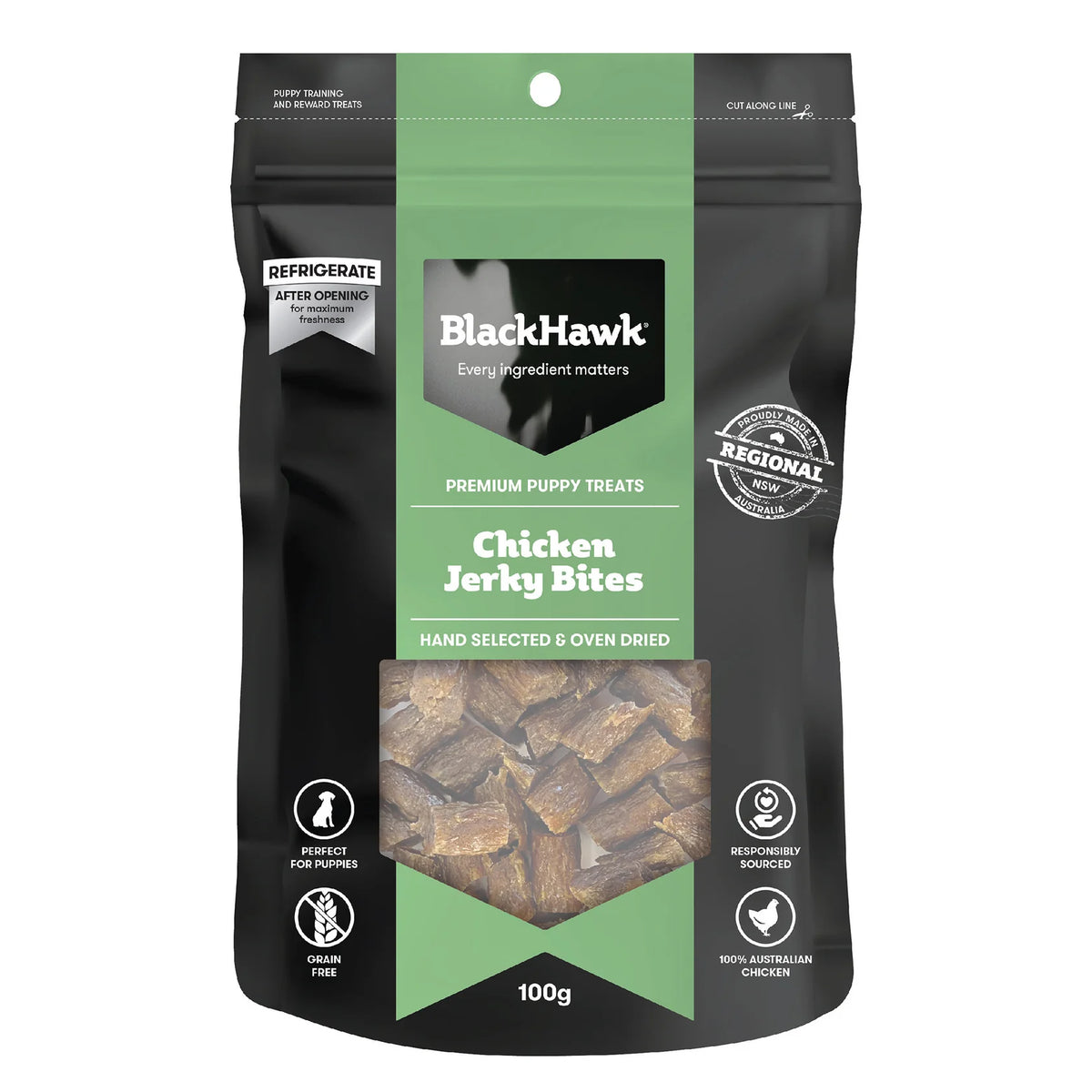 BLACK HAWK DOG TREATS PUPPY CHICKEN JERKY BITES 100G