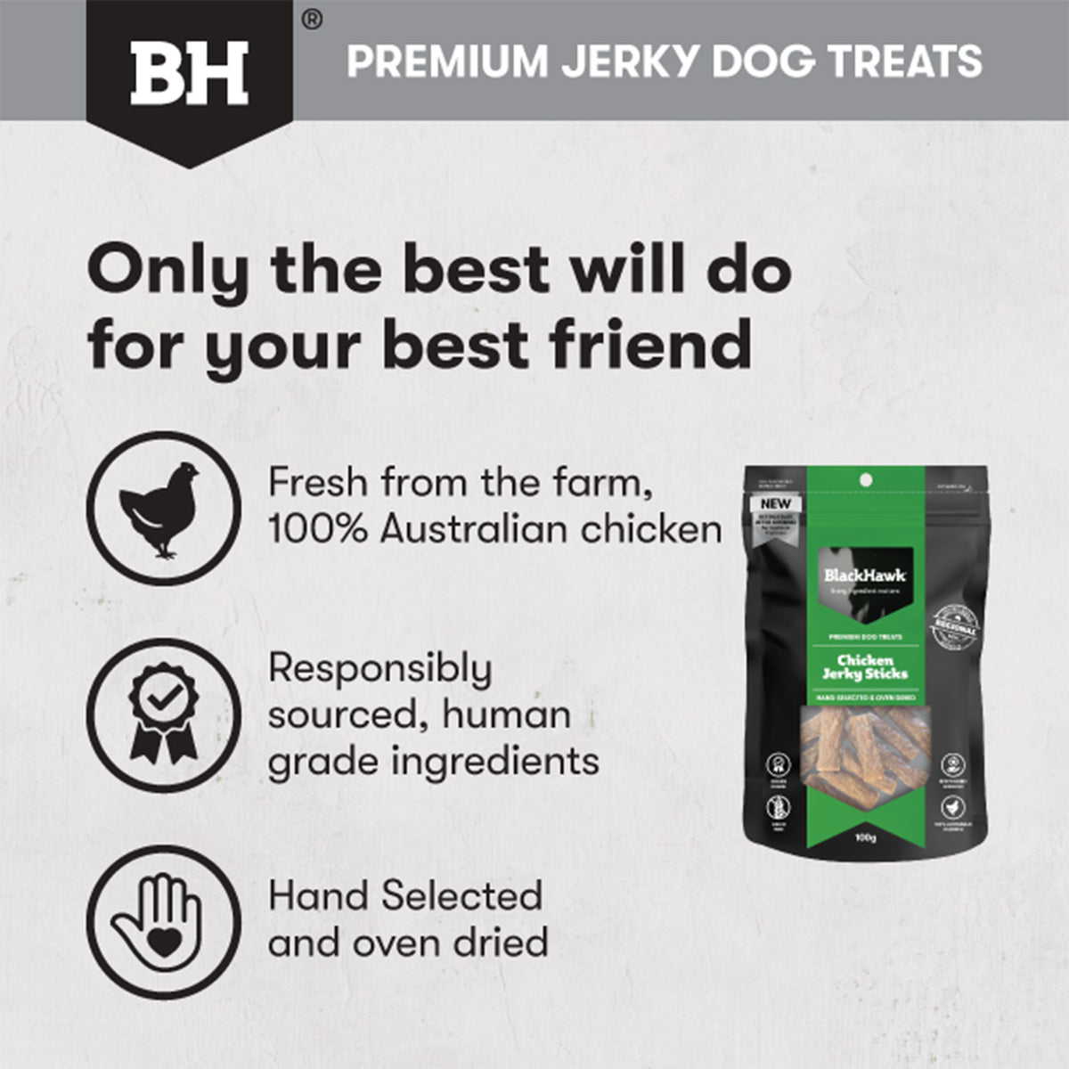BLACK HAWK DOG TREATS CHICKEN JERKY STICKS 100G
