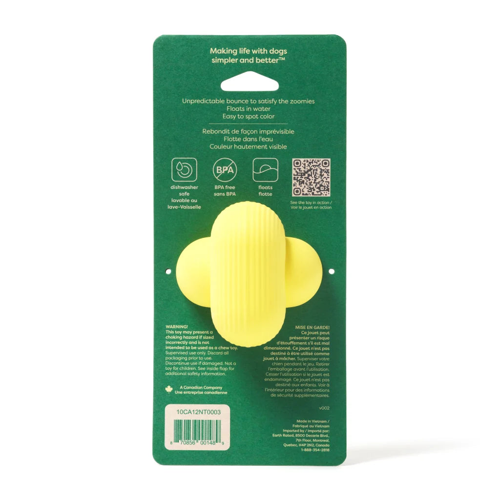 Earth Rated yellow natural rubber fetch ball, small, side view