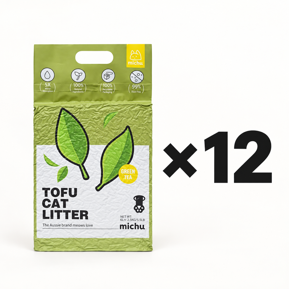 Michu Tofu Cat Litter – 12 Bag (green tea)