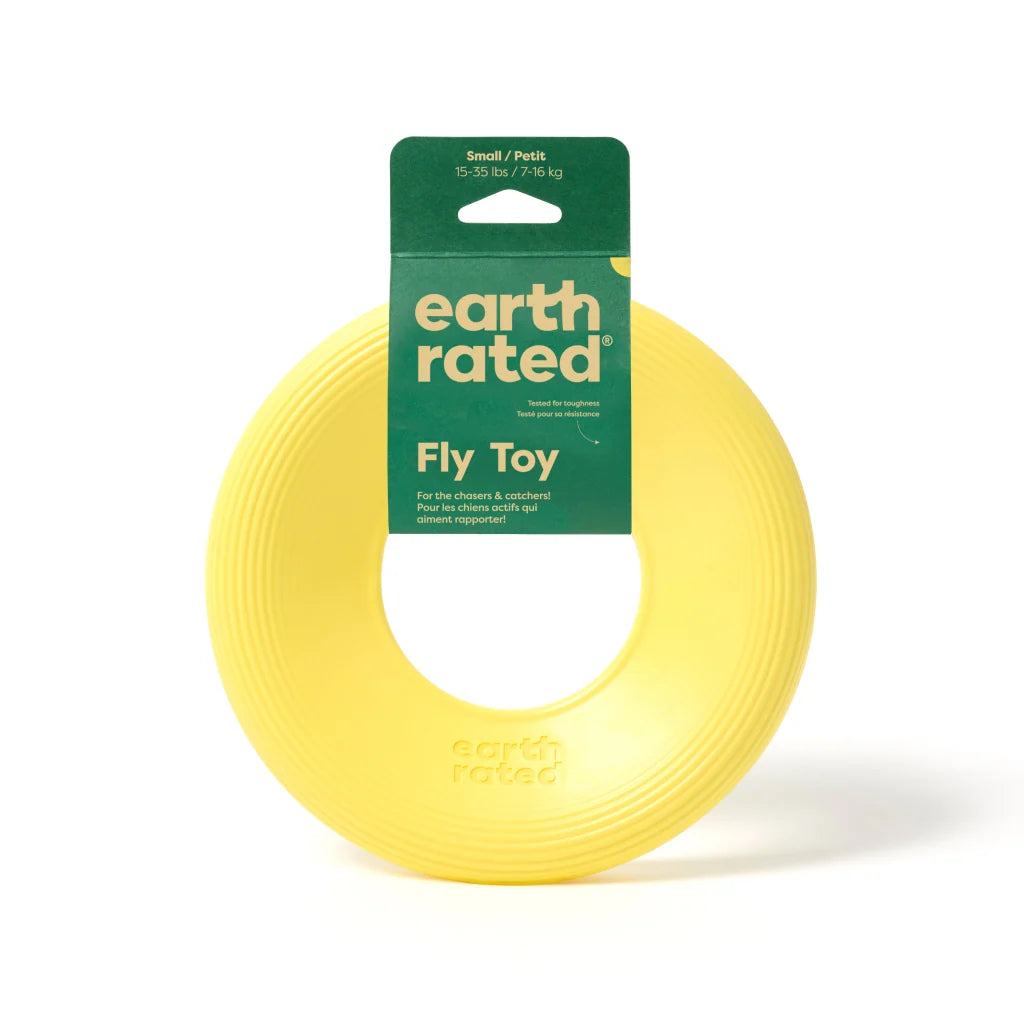 Earth Rated yellow rubber flyer disc dog toy, small