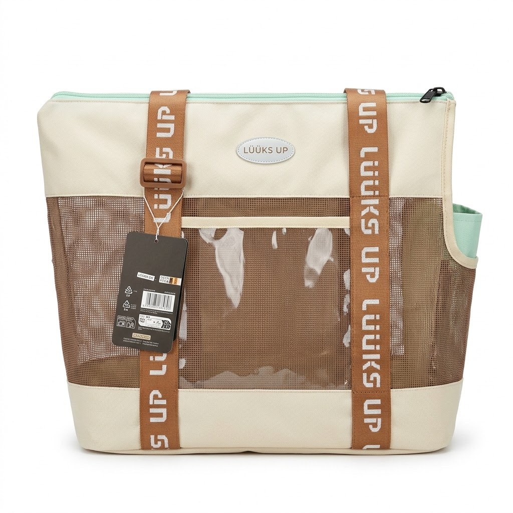 Luuks Up mesh pet carrier tote bag in beige and brown with mint trim and branded straps