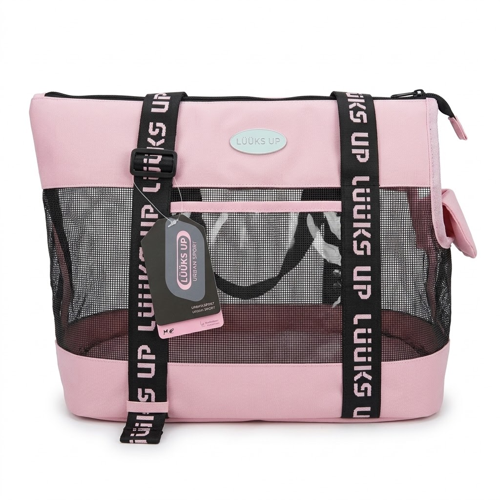 Luuks Up mesh pet carrier tote bag in pink and black with branded straps