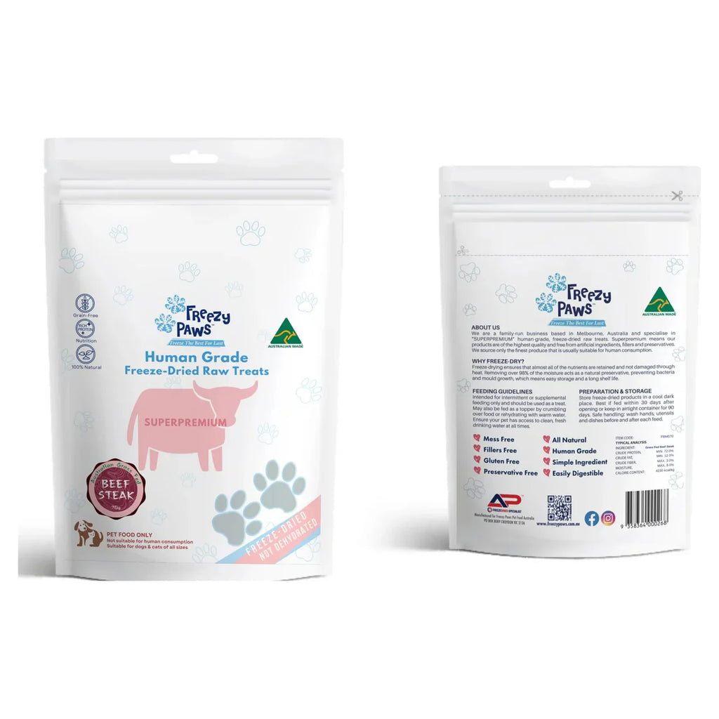 FREEZY PAWS BEEF STEAK RAW TREATS FOR CAT & DOG 70G